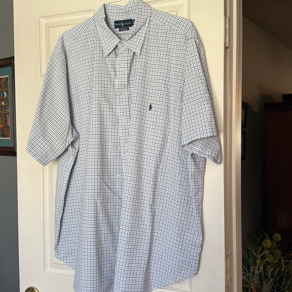 A Ralph Lauren, classic fit short sleeve shirt, navy blue/light blue plaid, 3XLT